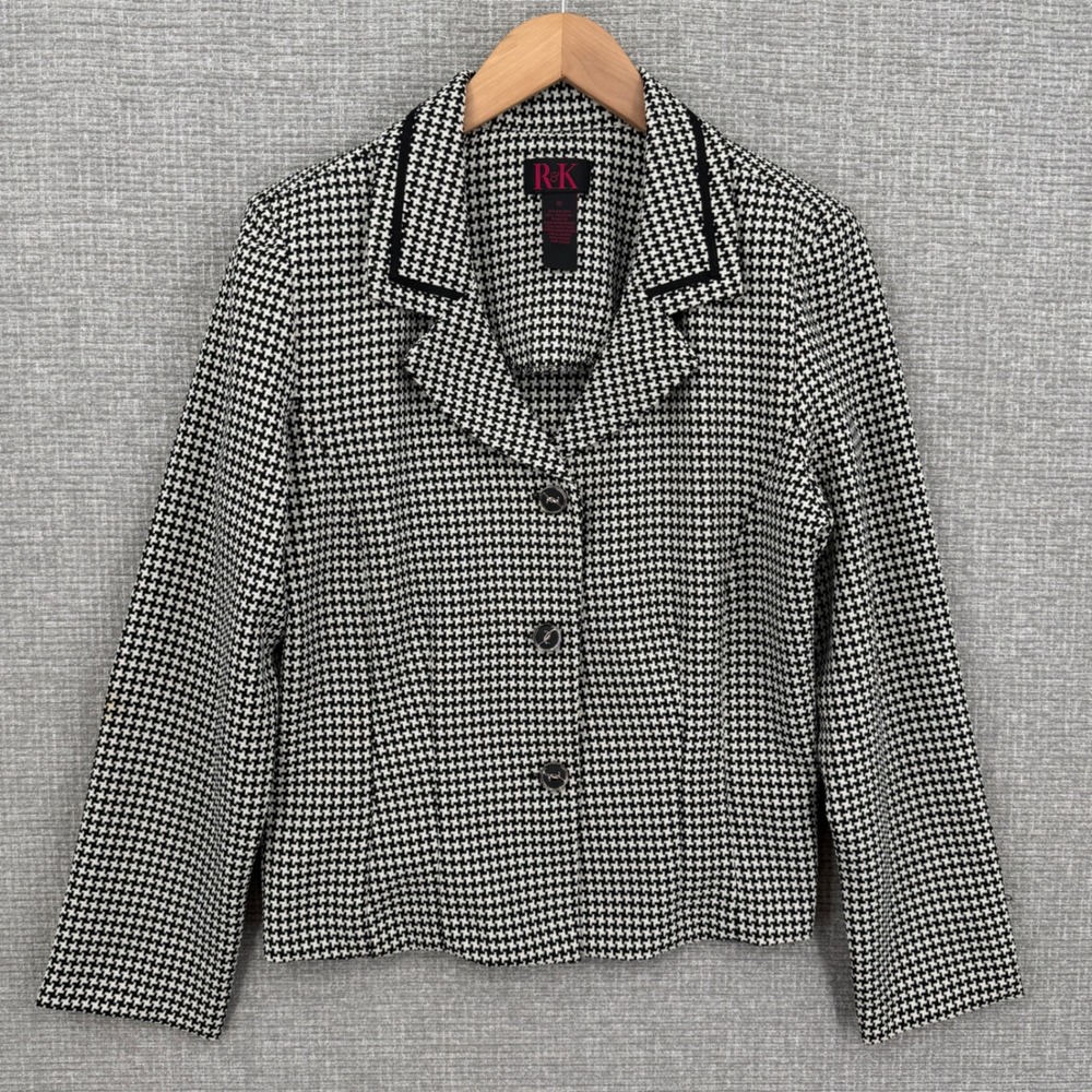 R&K Houndstooth Blazer Jacket Women's 10 Black Button Up Office Y2K Vintage Twee
